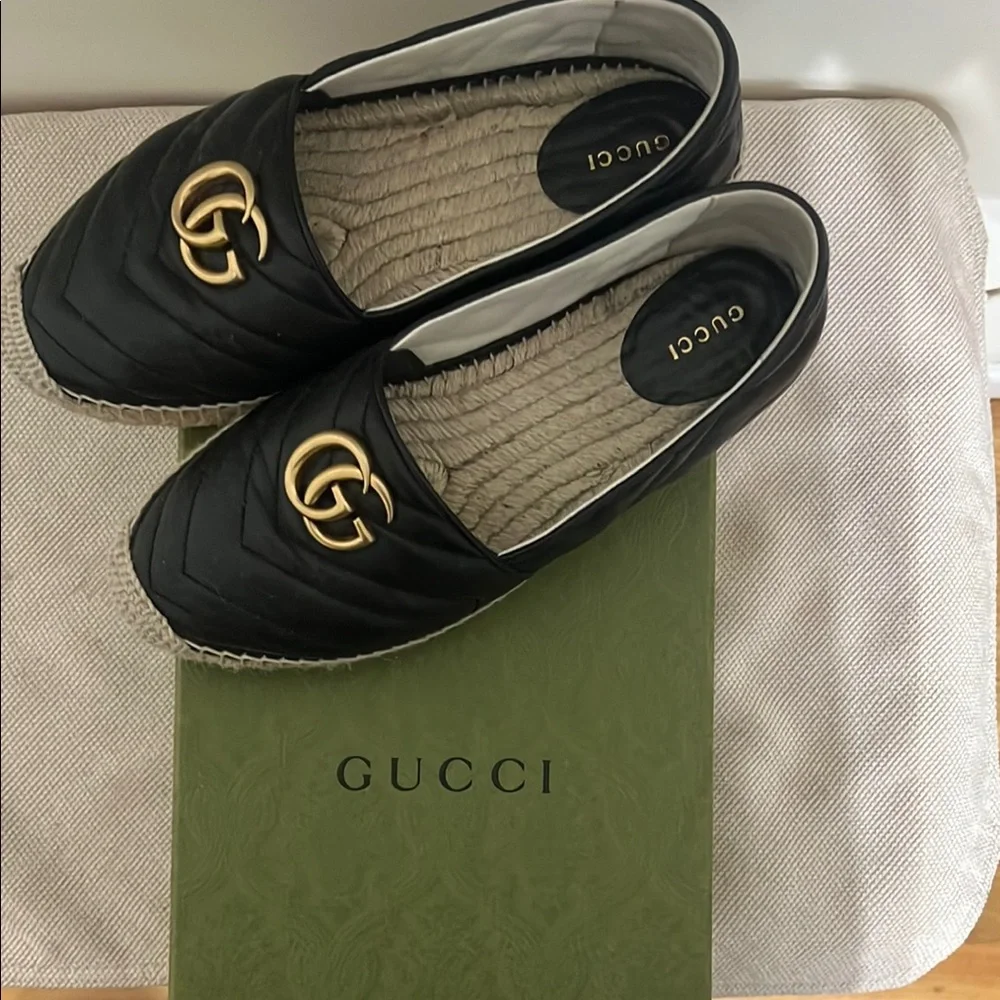 Gucci Black Quilted Espadrilles with Gold Double G Accent